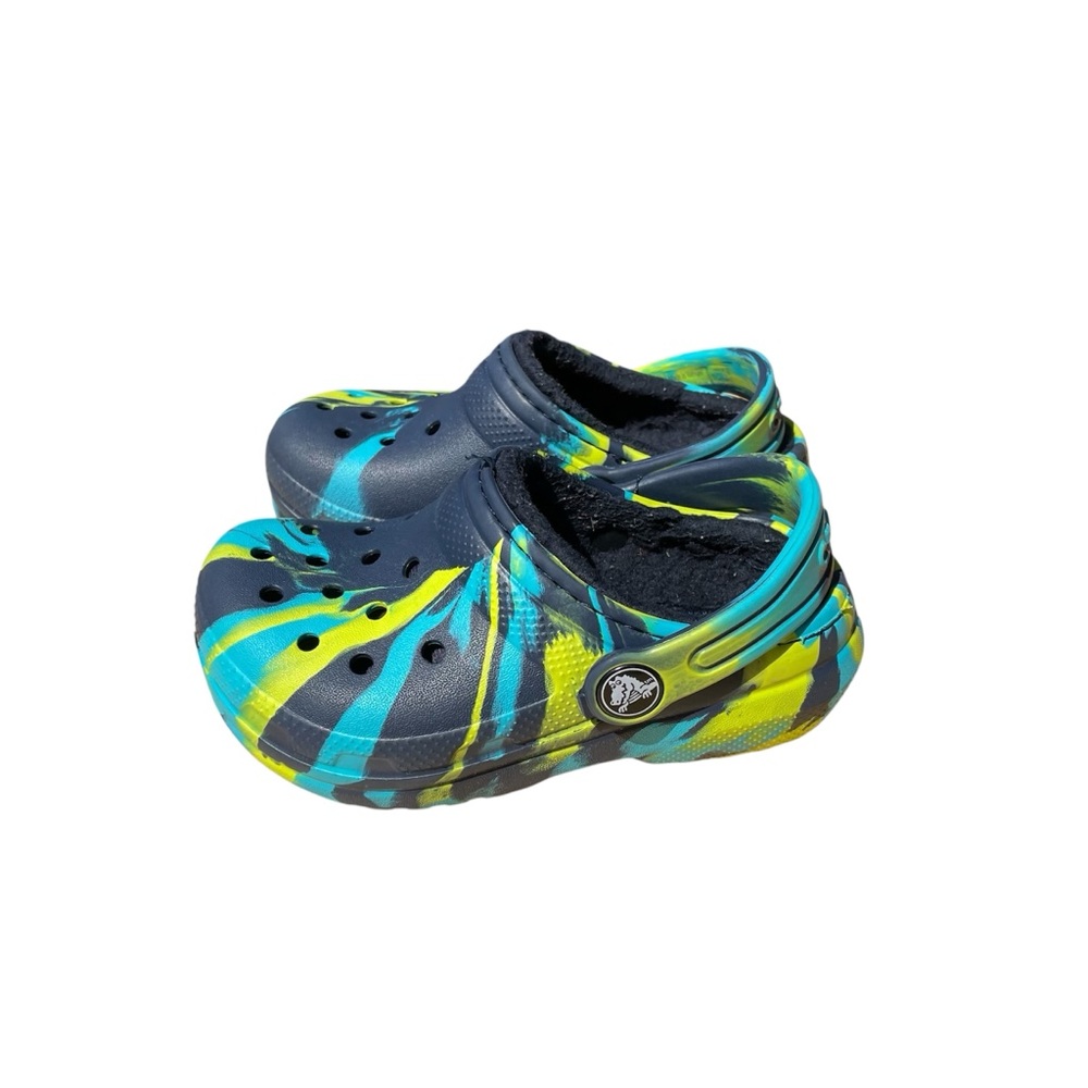 Lined Fuzzy CROCS Kids  - Blue and Yellow